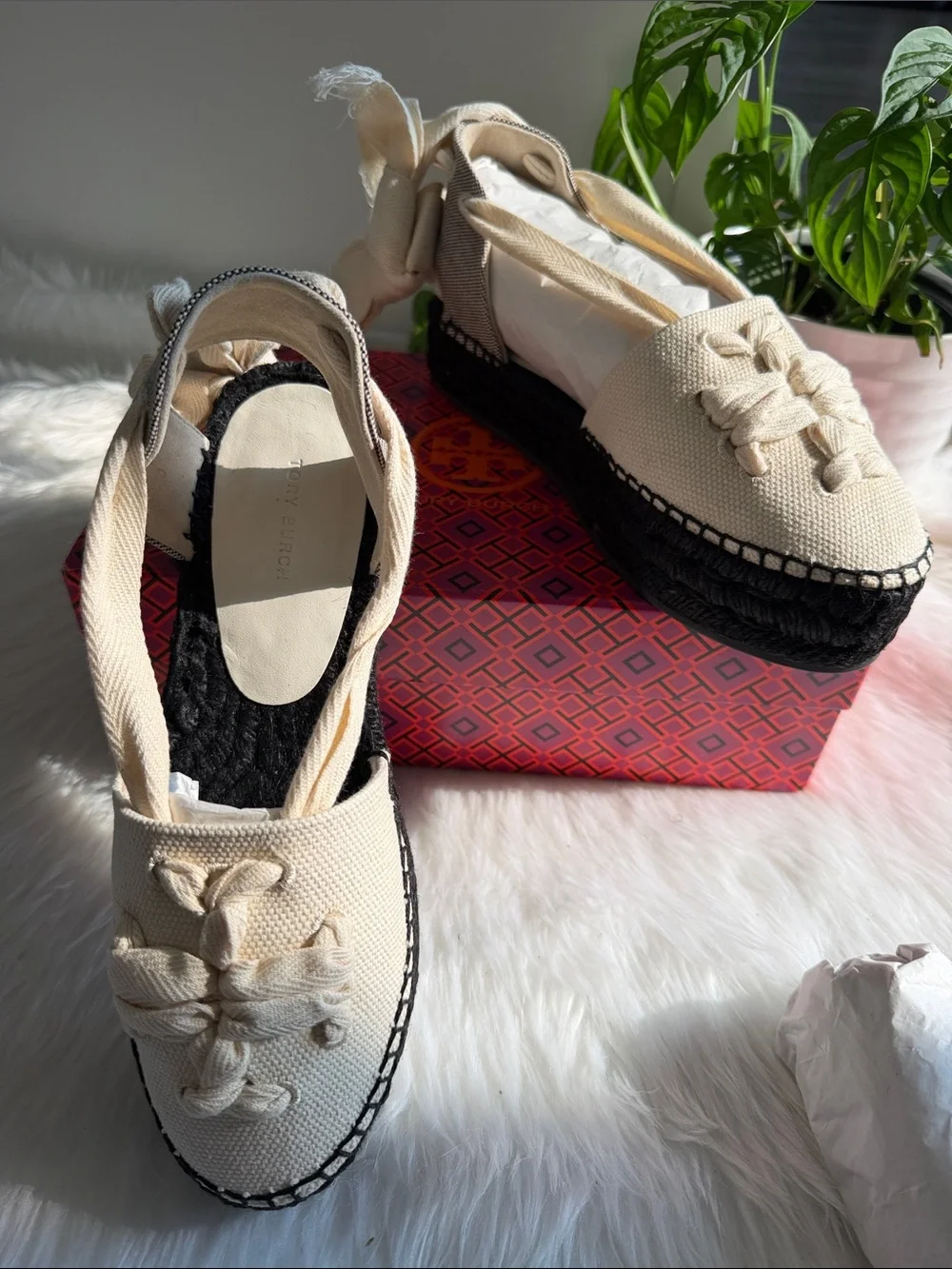 Tory Burch Black/Natural Ankle Wrap Woven Double T Espadrille